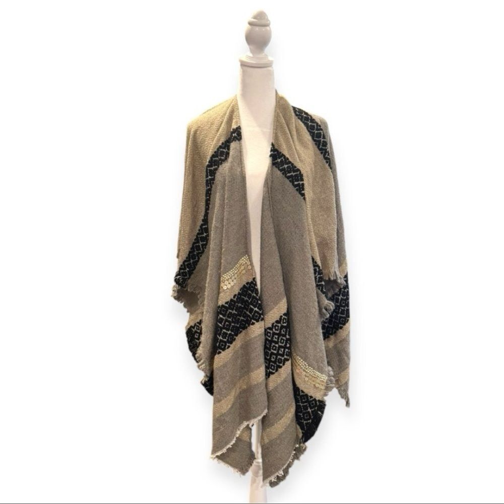 Boho Knit Sequin Trim Open Front Wrap Shawl | One Size
